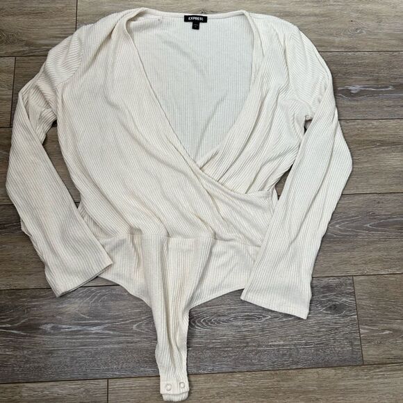 Express Tops - Express Cream Long Sleeve Wrap Bodysuit XL
